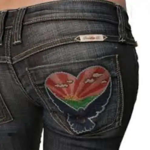 Frankie B. NWOT Low Rise Flying Free At Sunset Flare Jeans w/ Embroidered Patch Blue Size 6