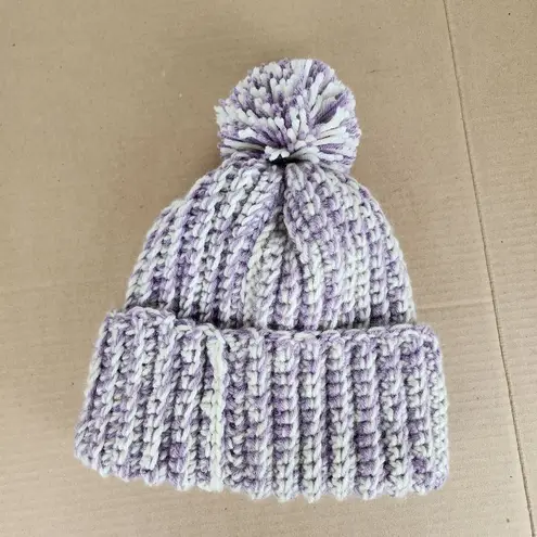 Crochet Handmade Chunky Ribbed Beanie Cream Purple Pompom Warm Hat Cap