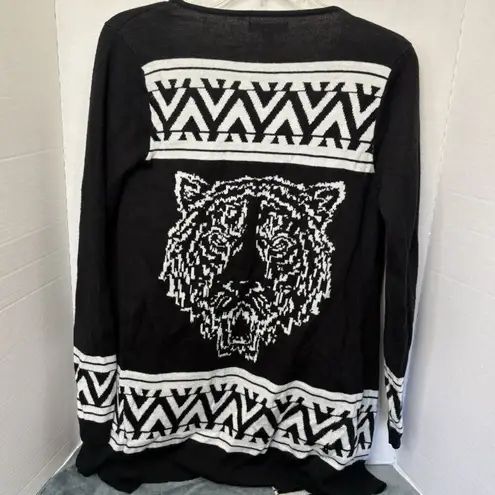 Material Girl Open Front Cardigan Black/White Aztec Tiger Women’s Size Small Black