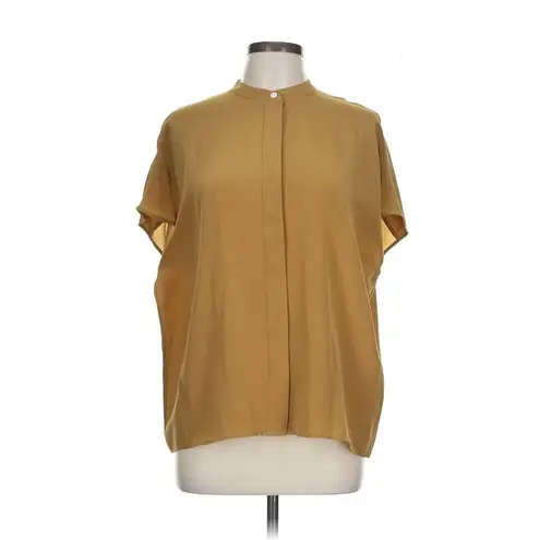 NWT LilySilk Stand Collar Cap Sleeve Blouse in Gold Silk Button