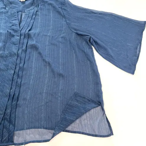Catherines Blue Metallic Semi Sheer Chiffon Y Neck Button Blouse Size 4X