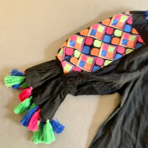 Velzera Black Cotton Fringe Tunic Top Mini Dress 2XL Tasseled Flowy