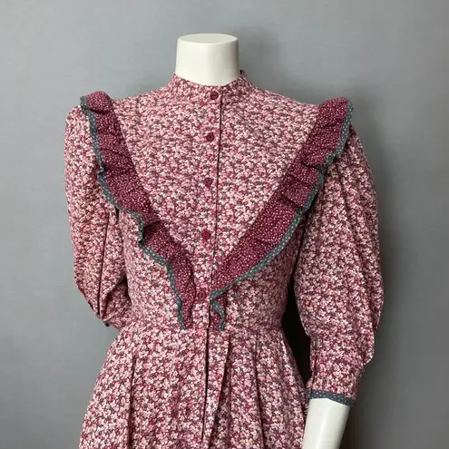 Vintage Eklecktic Prairie Dress Edwardian Midi Calico Ruffles Cottagecore Retro Pink Size XXS