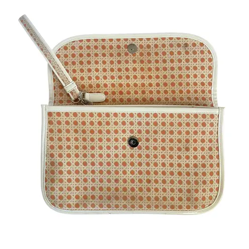 Vintage Lulu Guinness Lattice Print Coral White Vinyl Trim Wristlet Clutch Bag