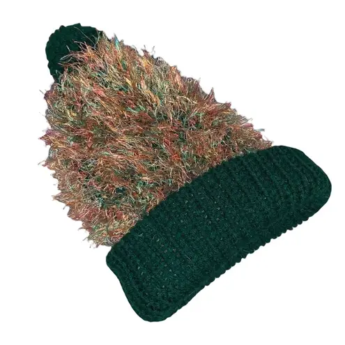 Vintage Multicolored Eyelash Beanie with Pom Green