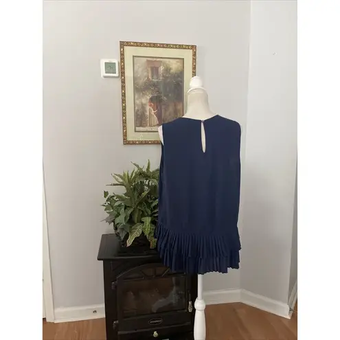 Q&A Women's Blouse L Navy Blue Sheer Double Ruffle Hem Peplum Sleeveless