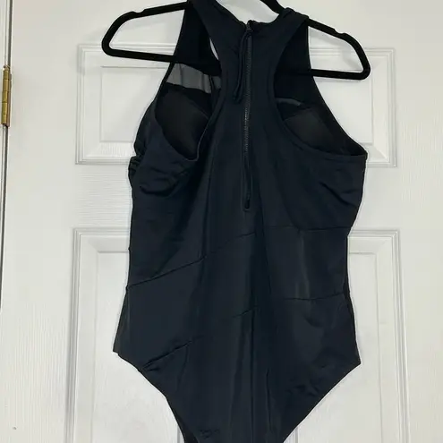 Black One Piece Swimsuit Mesh Insets Zipper Back Sleeveless Size undefined