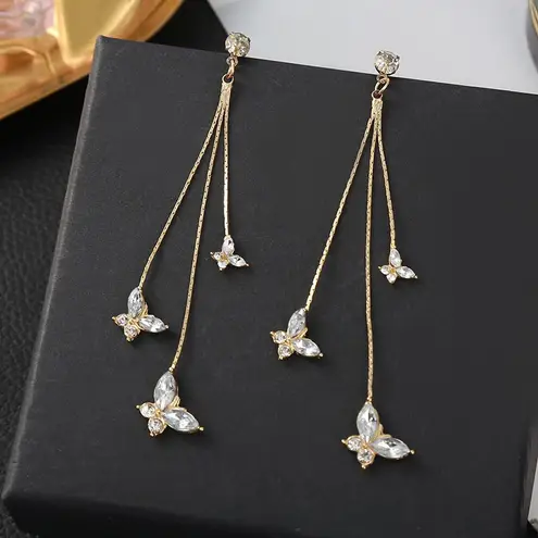 Gold Butterfly Crystal Long Tassel Dangle Drop Earrings for Women