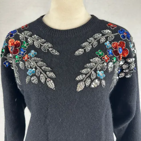 In Charge Vintage 90s Embellished Sweater Angora Lambswool Sequin Floral Black Women Large