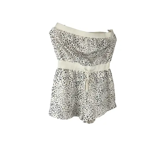 Cream & Gray Animal Print Strapless Romper with Drawstring Waist