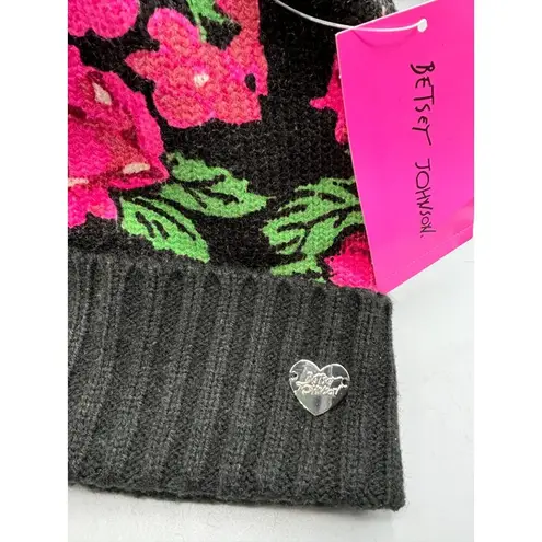 Betsey Johnson Women's Floral Knit Beanie With Faux Fur Pom Pom Roses Winter Pink