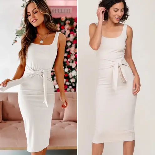 Lena Beige Brushed Ribbed Midi Dress with Waist Tie – Chic Tank Bodycon Size S