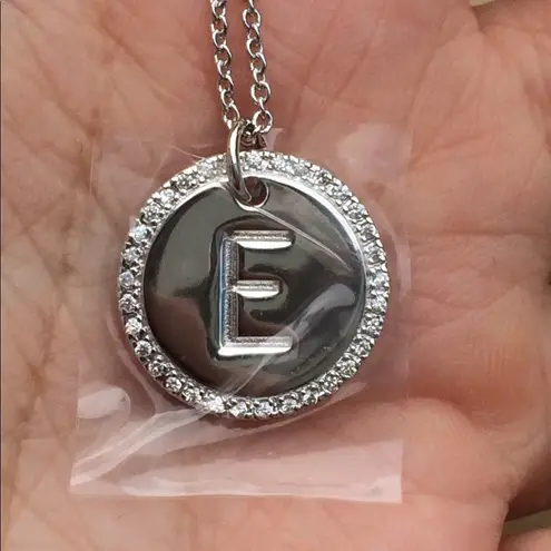Rhodium Plated Round CZ Initial E Pendant Necklace Silver