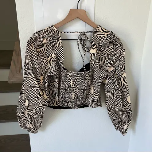 Farm Rio NWT + Anthropologie Puff-Sleeved Sweetheart Blouse Top in Black / Cream