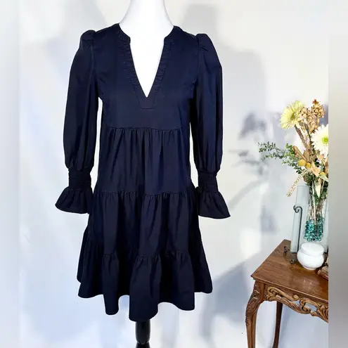 Pomander Place Kenzo Navy Cotton Poplin Tiered Dress Ruffle Sleeve Cuff ~S🧡 Blue