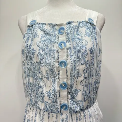 Blue & Ivory Pleated Plisse Skirt Dress KAS ModCloth Cottagecore Boho Milkmaid White Size M