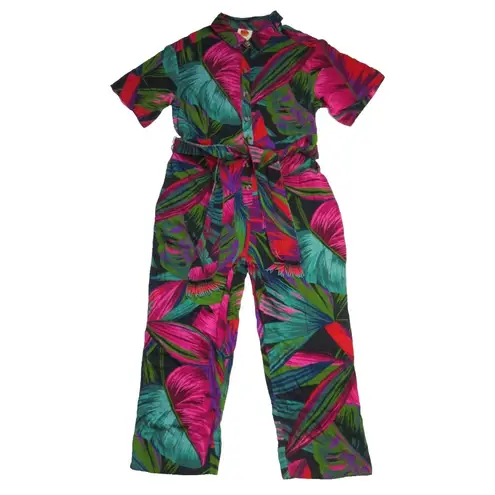 Farm Rio NWT Midnight Leaves Jumper Tropical Print Soft Fluid Belted Jumpsuit S