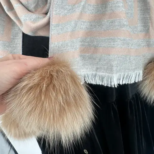 Vibrant Cashmere Scarf with Faux Fur/Fur Pom Poms Gray & Tan Striped Abstract