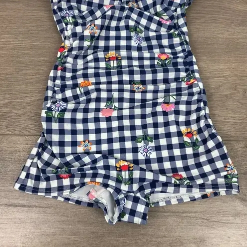 Unique Vintage Navy Gingham Floral Halter Tie Romper Style Swimsuit Sz.S/4 NWT