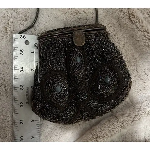 Vintage Lyrella Beaded Evening Bag Chain Strap Brown & Turquoise Art Deco Retro