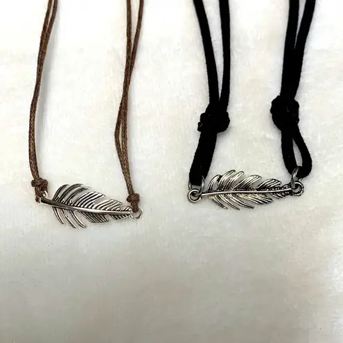 Set of Two Silver Tone Feather Cord Necklaces