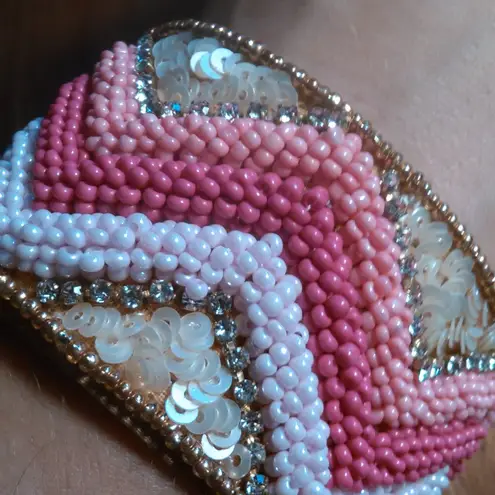 Handcrafted Pink Seed Bead, White Crystal, and Sequin Cuff Bracelet