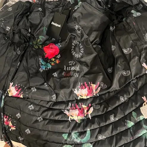 Desigual Womens Jacket Size 6 Black Sigrun 36 Padded Tartan Lettering Coat NWT