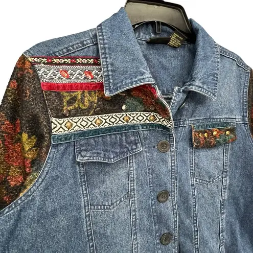 Sara Studio Jean Jacket Womens XL Blue Multi Floral Sleeves Studded Art Boho Y2K