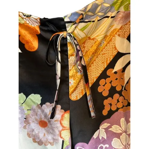 Natori Black Multi-Color Floral Drawstring Waist Cropped Pants Women Sz S