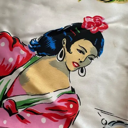 Vintage 70s Spanish Dancers Man & Woman Roses Silk Scarf from Bilbao Spain Pink