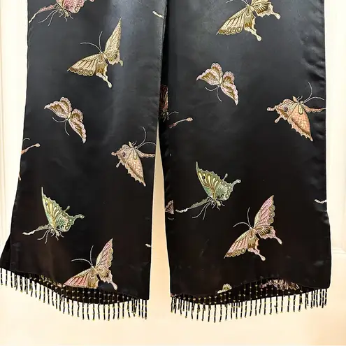 Vintage Black Satin Butterfly Embroidered Beaded Fringe high Waist Pant Size 6