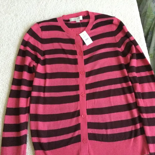 Loft NWT Ribbon Stripe Crewneck Cardigan Sweater Pink, Brown Rabbit Hair - Sz Medium