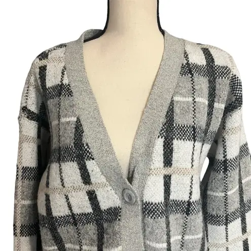 Cyrus | Women's Black Gray White Plaid Wool Blend Pockets Grandpa Cardigan Sz M