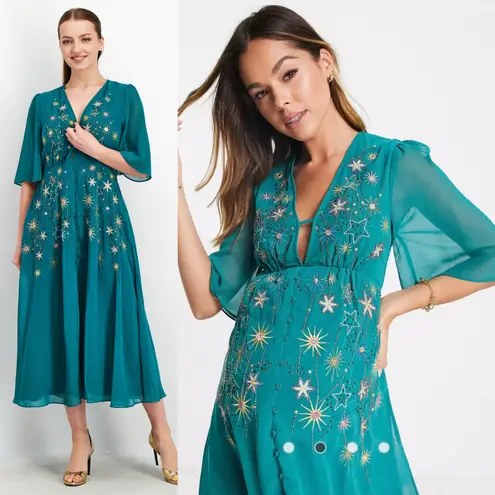 Hope & Ivy Rhea Maternity Embellished Beaded Star Midi Tea Dress