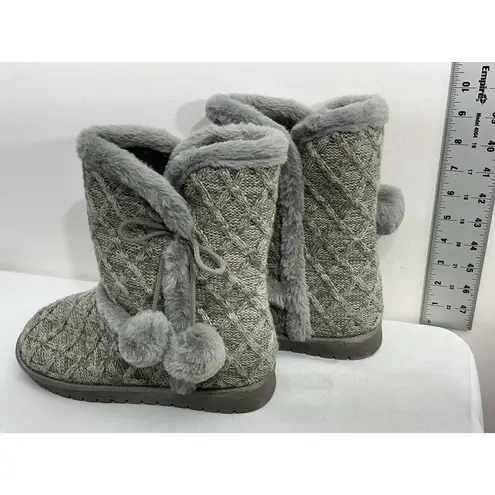 Womans Idina Knit Slip On Sweater Boot Slippers 8 Gray Lined Pom Poms NWOT