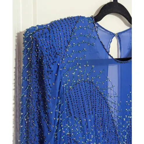 Vintage Silk Beaded Long Sleeve Cocktail Dress Shoulder Pads Illusion Neckline Blue Size M