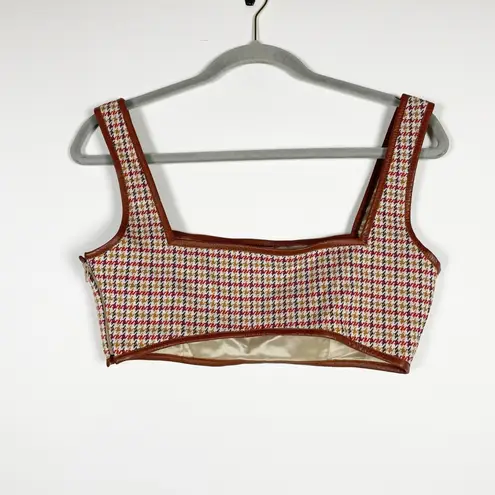 Rosetta Getty Houndstooth Woven Pattern Leather Trim Square Neck Cropped Top S