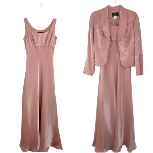 Alex Evenings Vintage Formal Blush Pink Satin Maxi Dress Blazer Set Medium 8P
