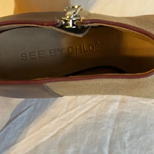 See By Chloe Peep Toe Leather Canvas Zip Up Heeled Ankle Bootie 39/9