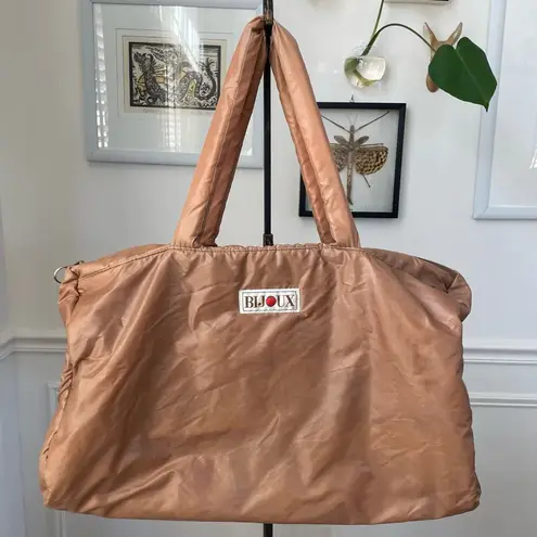 Vintage 70s 80s Bijoux Tan Puffy Nylon Bag Satchel Tote Purse Caramel Large