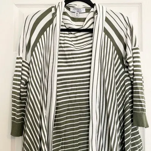 Attitudes by Renée Striped Cardigan Draped Open Front Olive Green White M Office Size M