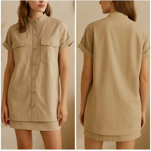 Equipment Acaena Short-Sleeve Mini Utility Dress in Camel Beige