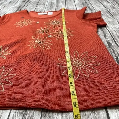 Alfred Dunner Petites Floral Embroidered Tee Shirt T-Shirt Mesh Beading Small P