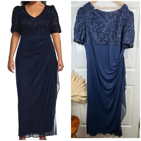 Alex Evenings  Lace Soutache Navy Blue Empire Waist Gown Formal Dress Size 18W