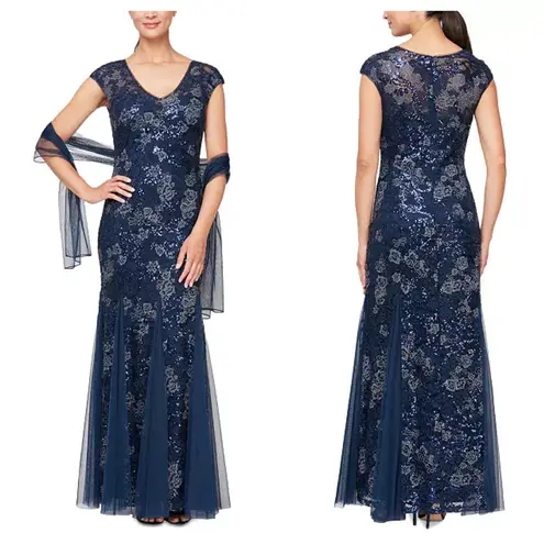 Alex Evenings Alex Navy Embellished Lace Gown & Shawl Size 10 NWT