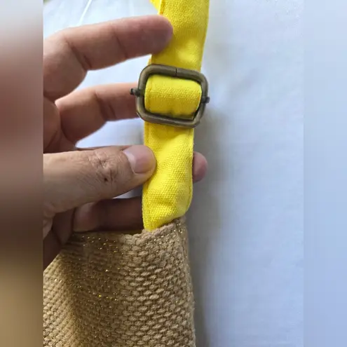 America & Beyond Beaded Lemon Yellow Chevron Fabric Circular Handle Tote Bag