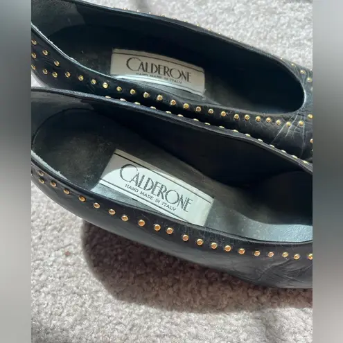 Vintage Italian Black Leather Studded Heels | 80s Minimal Chic Size 5.5 EU 35.5