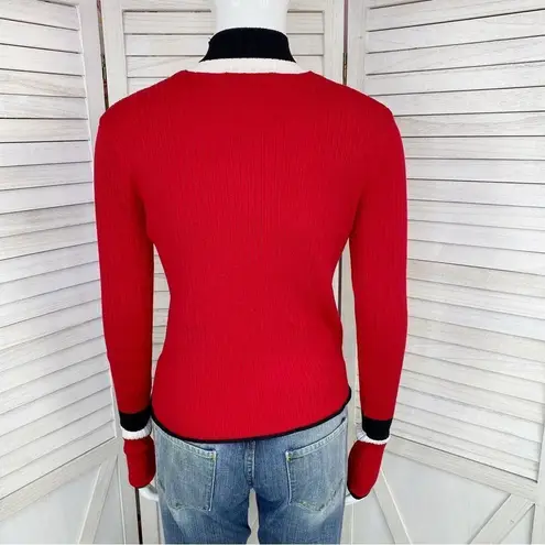 ZARA  Mock Neck Ribbed Knit Pullover Shirt Red Black Small Long Sleeve