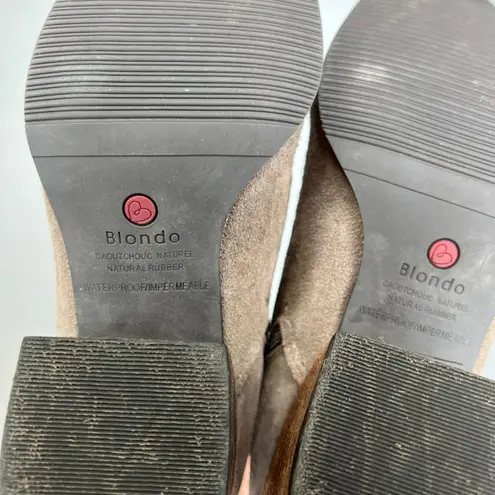 Blondo Waterproof Suede Taupe Ankle Booties Wood Stacked Block Heel Boots