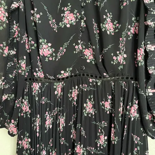 Monique Lhuillier ML Black Floral Ruffle Pleated Dress (Size 10)